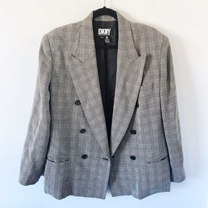 DKNY Glen Check Plaid Neutral Double Breasted Blazer